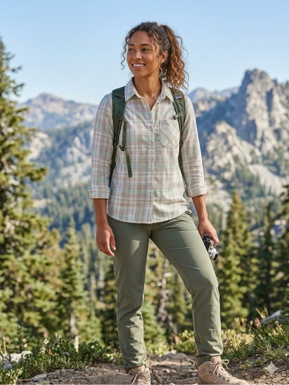 Patagonia Plaid Long Sleeve Shirt - Green and Pink